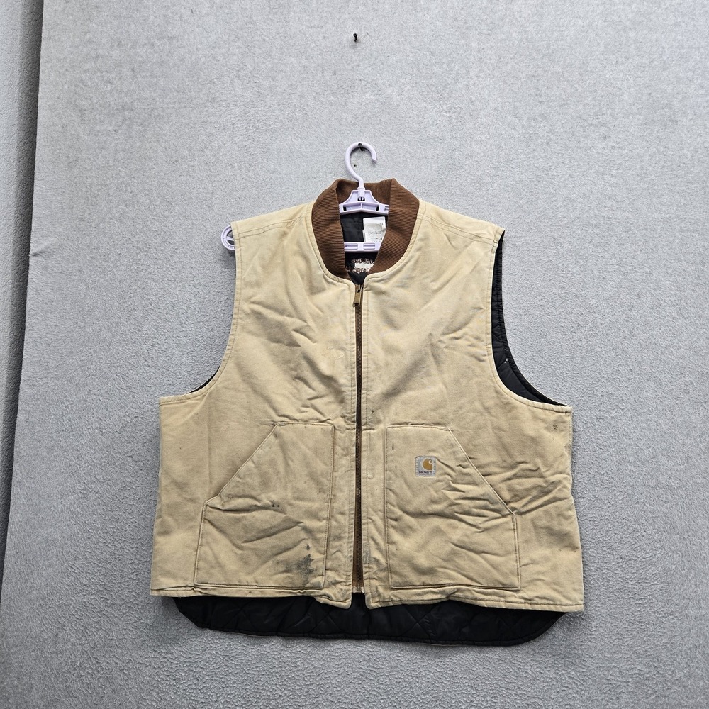 Carhartt Men Vest 2XL Tan Duck Canvas Corduroy Collar Quilt Lined Distressed
